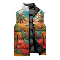 Hawaiian Turtles on Beach Sleeveless Puffer Jacket with Pineapple Tropical Plant and Lei