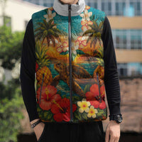 Hawaiian Turtles on Beach Sleeveless Puffer Jacket with Pineapple Tropical Plant and Lei