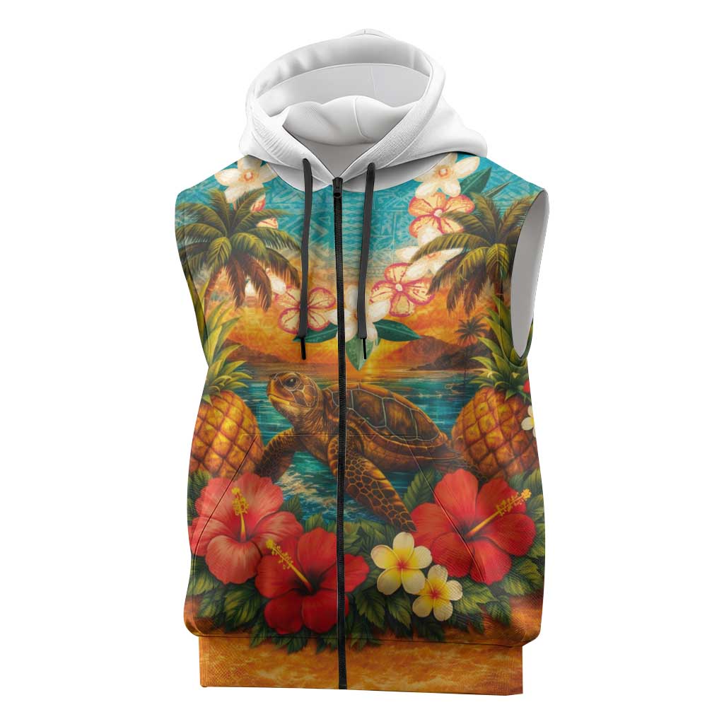 Hawaiian Turtles on Beach Sleeveless Zip Hoodie with Pineapple Tropical Plant and Lei