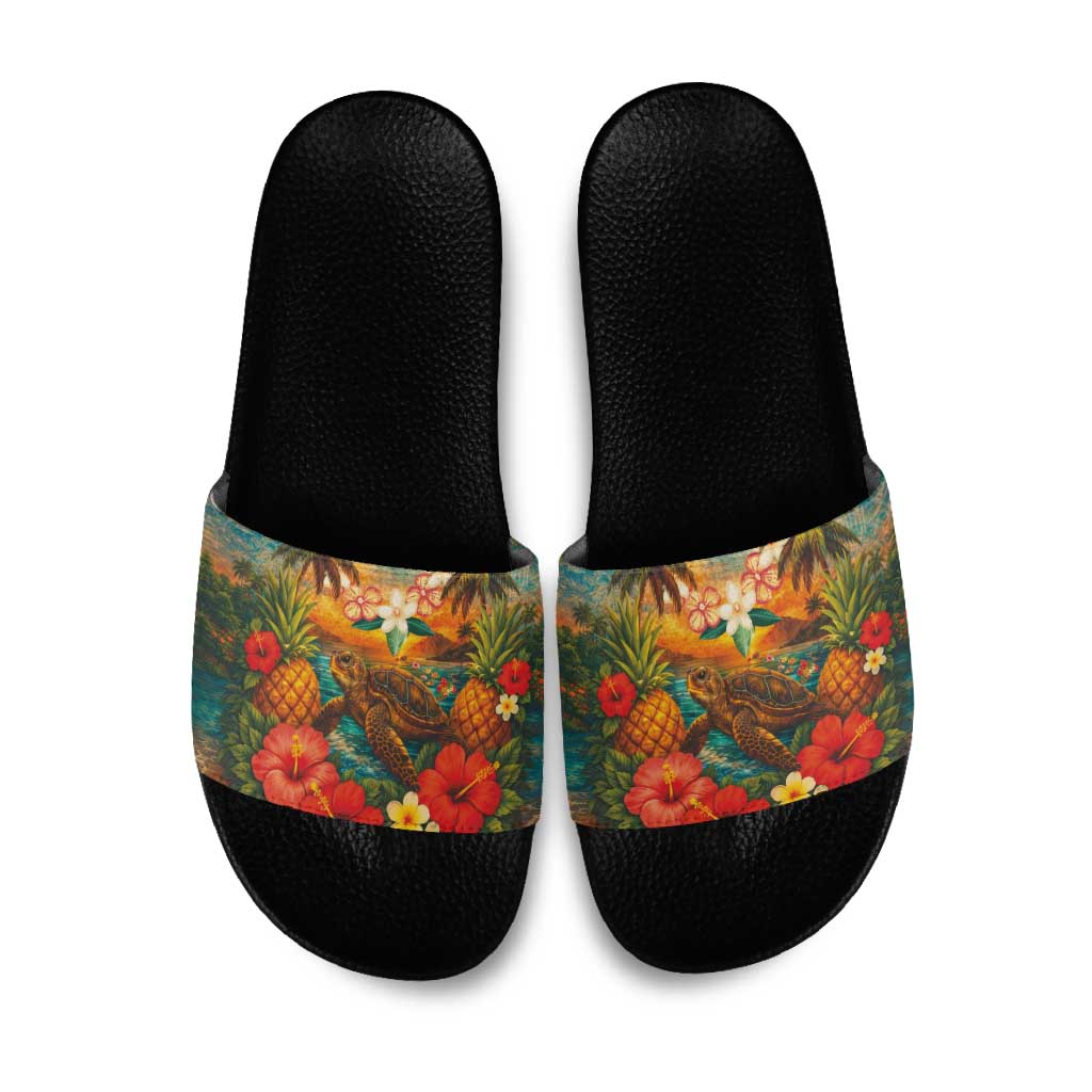 Hawaiian Turtles on Beach Slide Sandals with Pineapple Tropical Plant and Lei