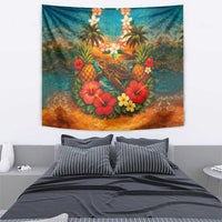 Hawaiian Turtles on Beach Tapestry with Pineapple Tropical Plant and Lei