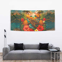Hawaiian Turtles on Beach Tapestry with Pineapple Tropical Plant and Lei