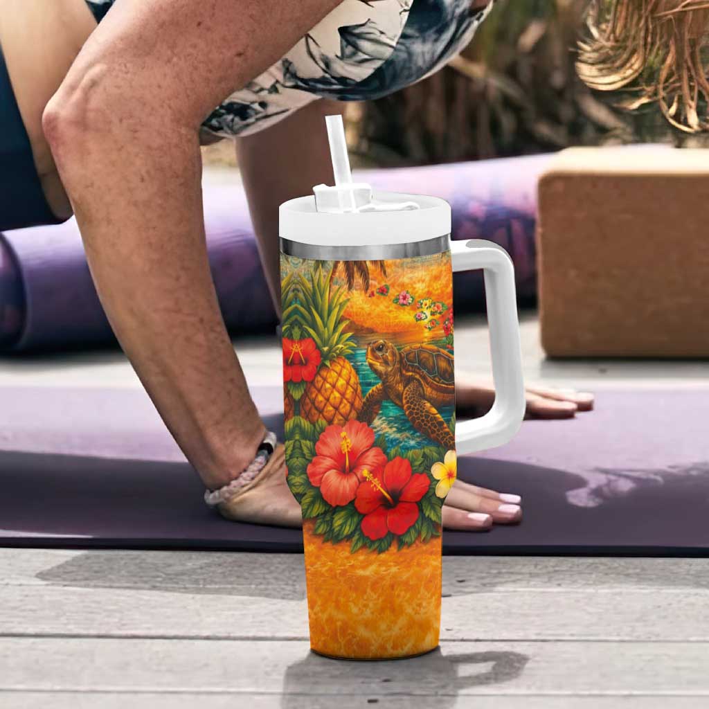Hawaiian Turtles on Beach Tumbler With Handle with Pineapple Tropical Plant and Lei