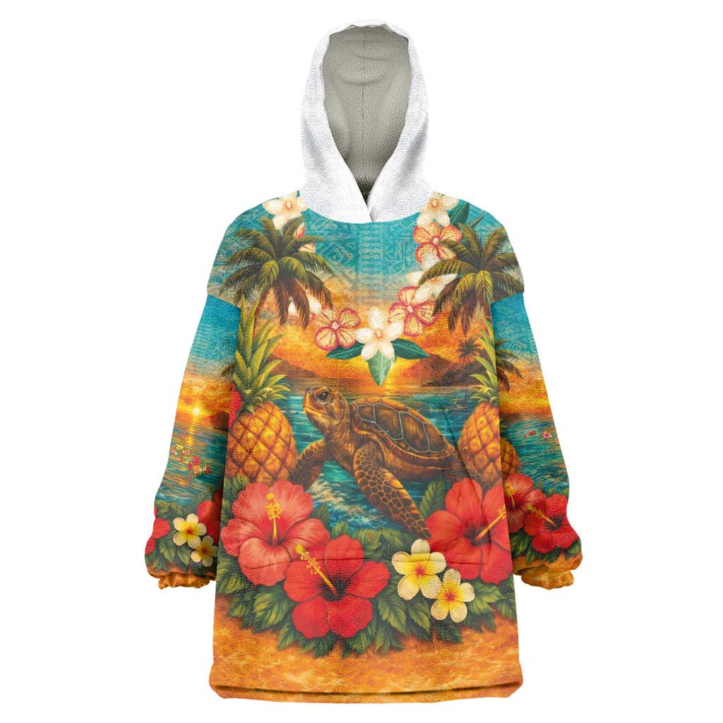 Hawaiian Turtles on Beach Wearable Blanket Hoodie with Pineapple Tropical Plant and Lei