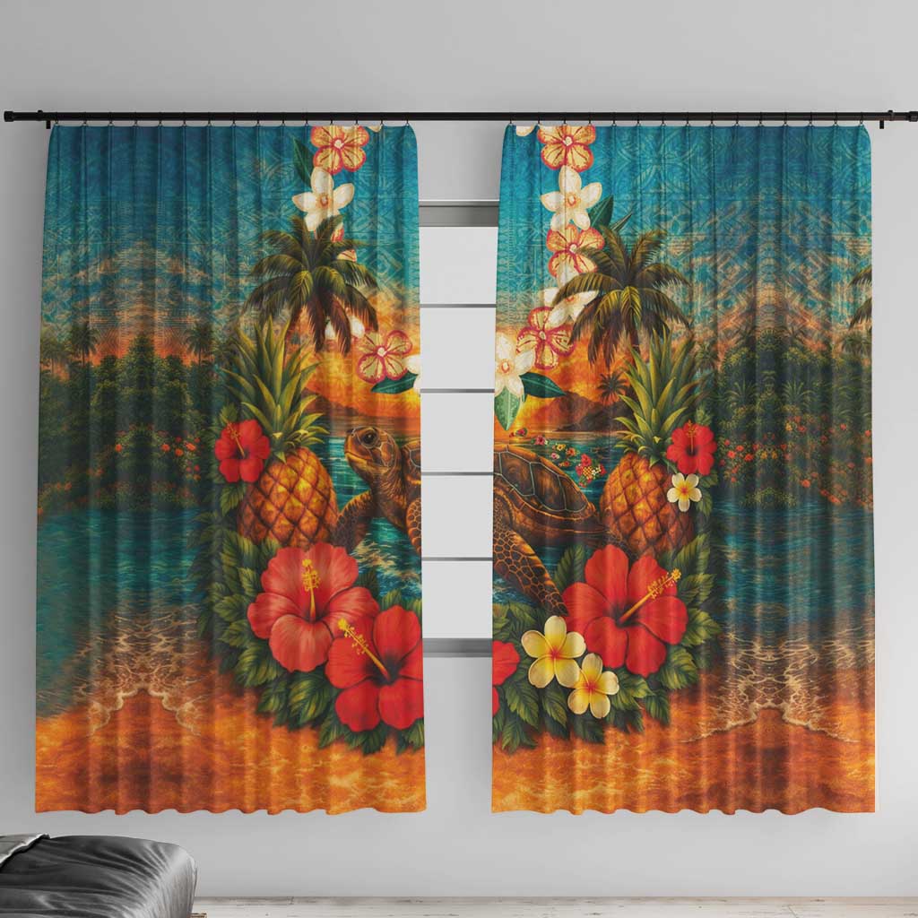 Hawaiian Turtles on Beach Window Curtain with Pineapple Tropical Plant and Lei