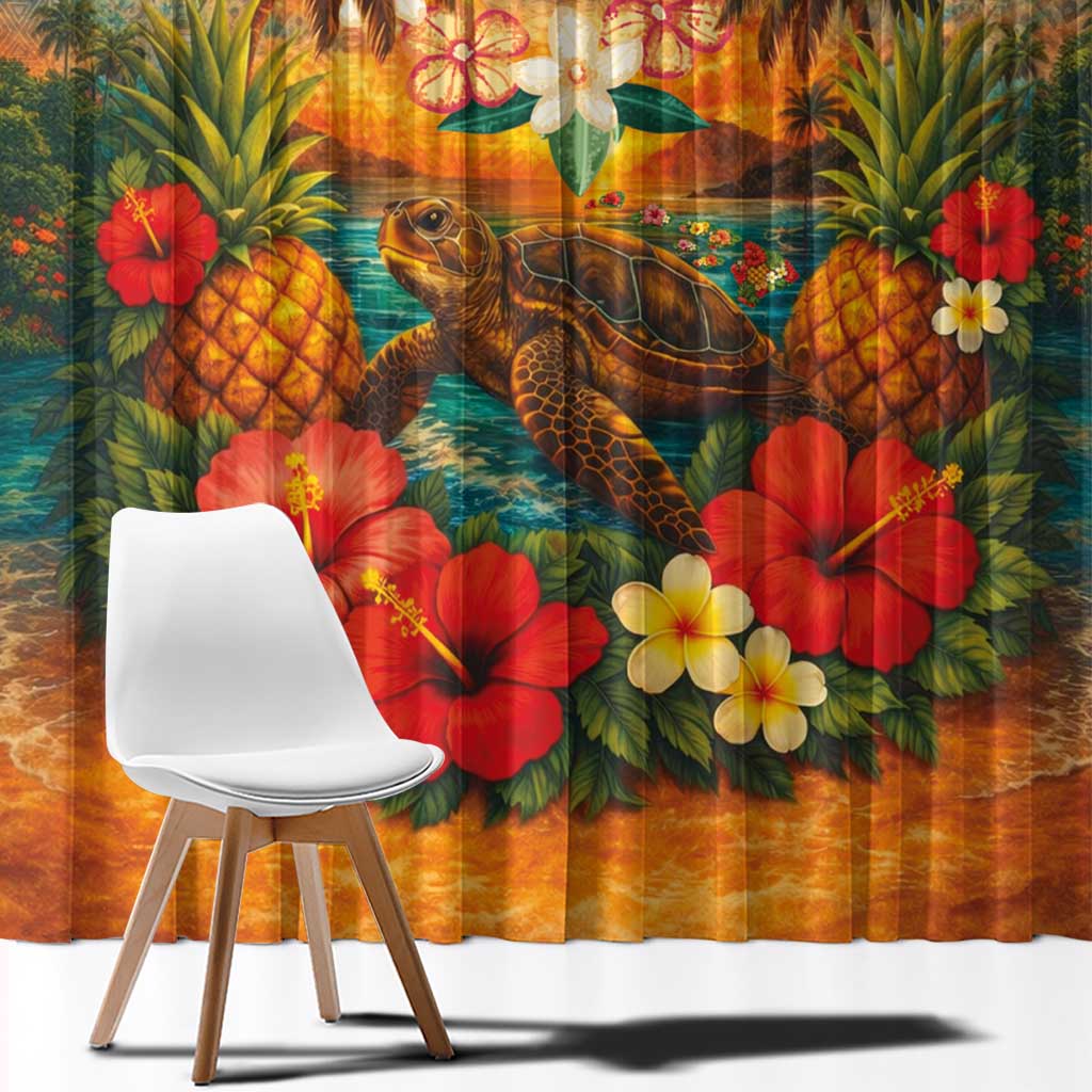 Hawaiian Turtles on Beach Window Curtain with Pineapple Tropical Plant and Lei