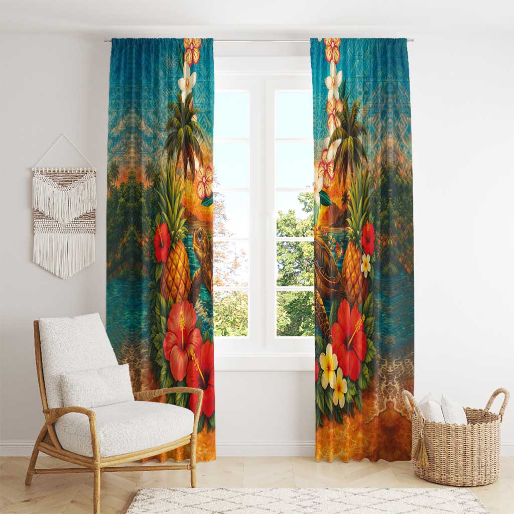 Hawaiian Turtles on Beach Window Curtain with Pineapple Tropical Plant and Lei
