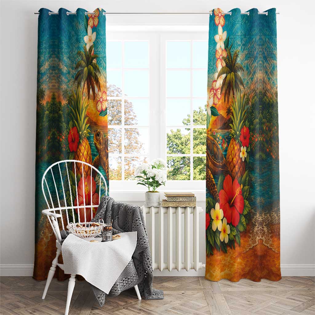 Hawaiian Turtles on Beach Window Curtain with Pineapple Tropical Plant and Lei