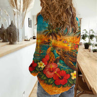 Hawaiian Turtles on Beach Women Casual Shirt with Pineapple Tropical Plant and Lei