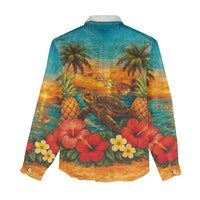 Hawaiian Turtles on Beach Women Casual Shirt with Pineapple Tropical Plant and Lei