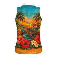 Hawaiian Turtles on Beach Women Sleeveless Polo Shirt with Pineapple Tropical Plant and Lei