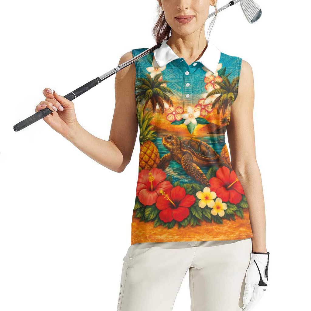 Hawaiian Turtles on Beach Women Sleeveless Polo Shirt with Pineapple Tropical Plant and Lei