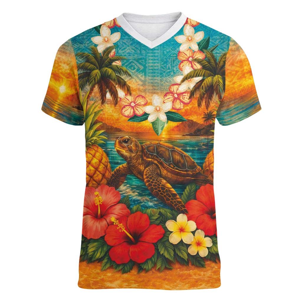 Hawaiian Turtles on Beach Women V-Neck T-Shirt with Pineapple Tropical Plant and Lei