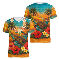 Hawaiian Turtles on Beach Women V-Neck T-Shirt with Pineapple Tropical Plant and Lei