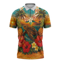 Hawaiian Turtles on Beach Zipper Polo Shirt with Pineapple Tropical Plant and Lei
