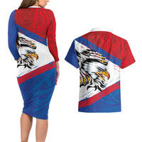 American Samoa Flag Day Couples Matching Long Sleeve Bodycon Dress and Hawaiian Shirt Polynesian Art Geometric with Flag Brush Style