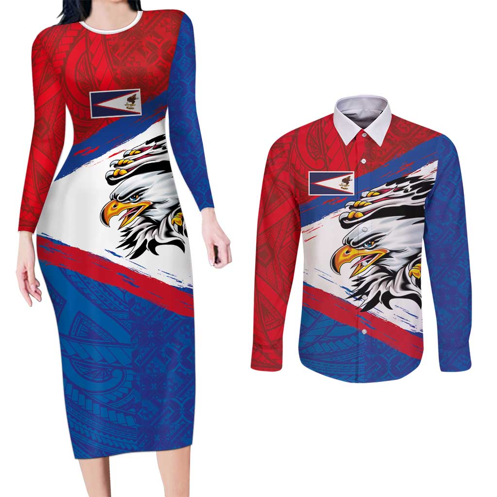 American Samoa Flag Day Couples Matching Long Sleeve Bodycon Dress and Long Sleeve Button Shirt Polynesian Art Geometric with Flag Brush Style LT03 Multicolor - Polynesian Pride