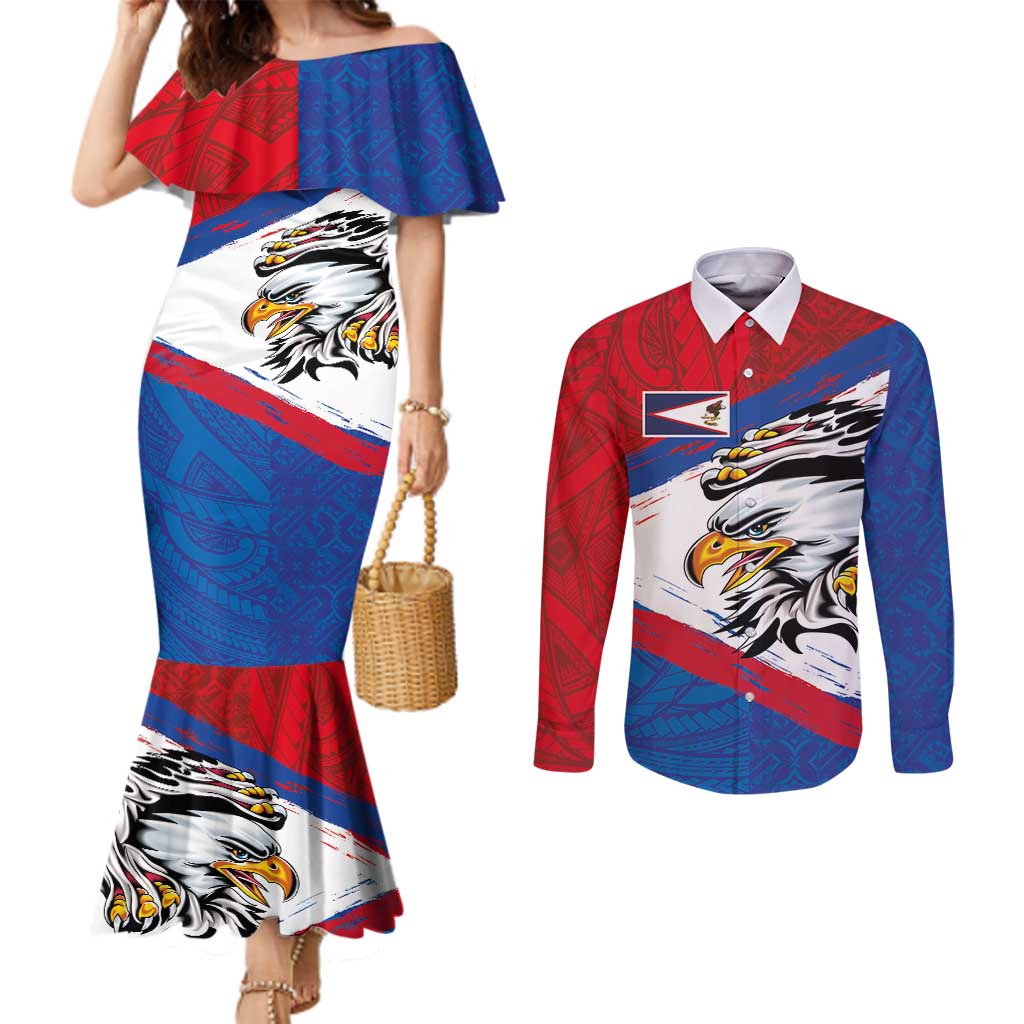 American Samoa Flag Day Couples Matching Mermaid Dress and Long Sleeve Button Shirt Polynesian Art Geometric with Flag Brush Style