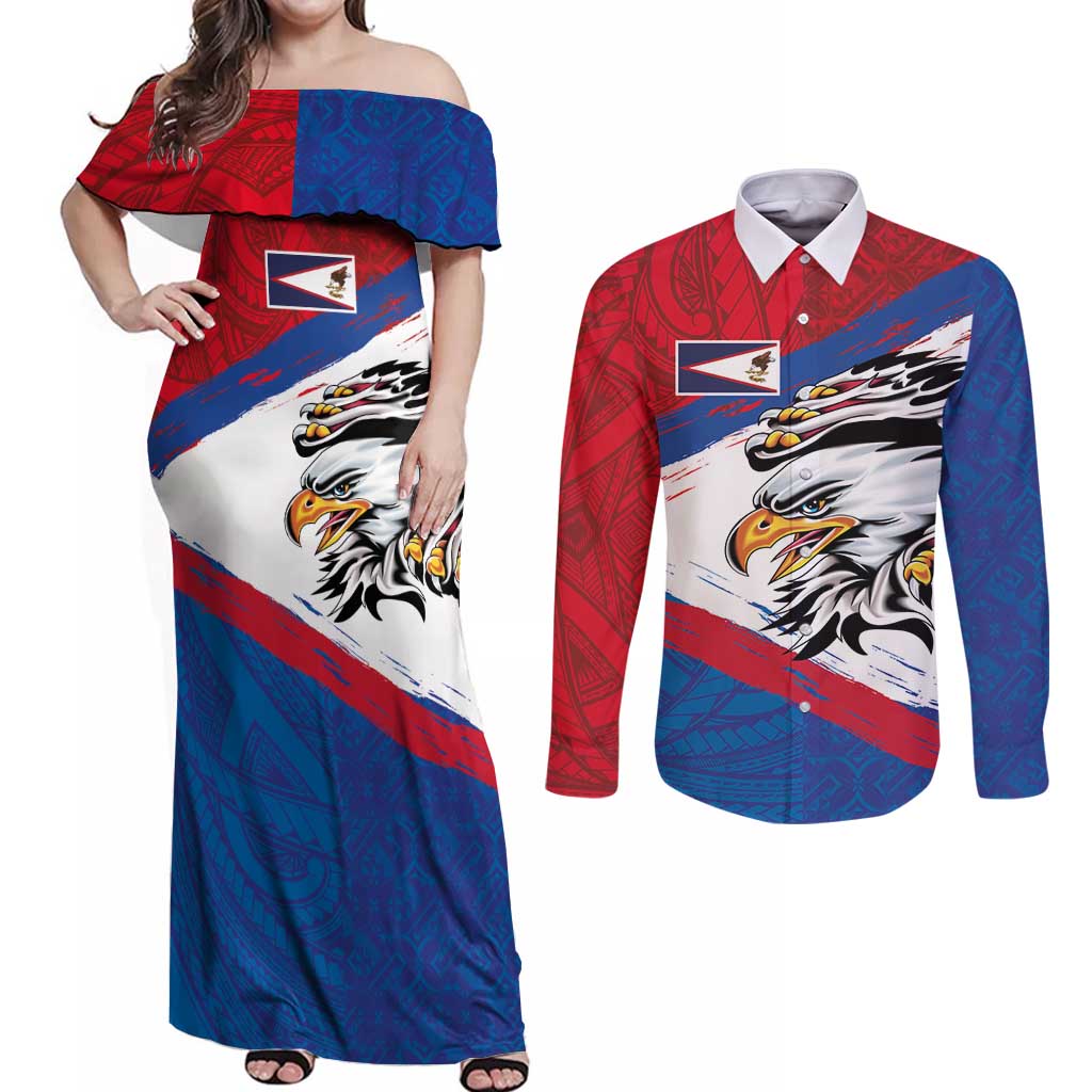 American Samoa Flag Day Couples Matching Off Shoulder Maxi Dress and Long Sleeve Button Shirt Polynesian Art Geometric with Flag Brush Style