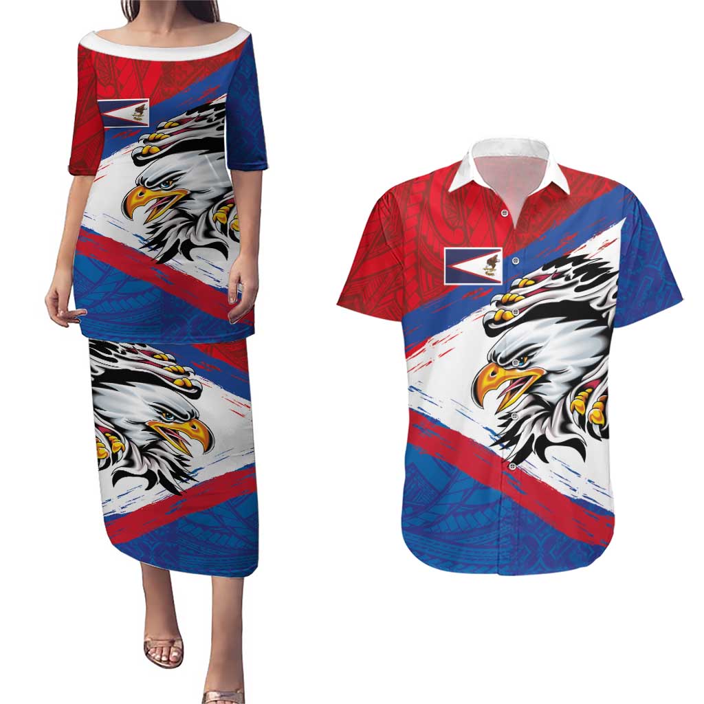 American Samoa Flag Day Couples Matching Puletasi and Hawaiian Shirt Polynesian Art Geometric with Flag Brush Style
