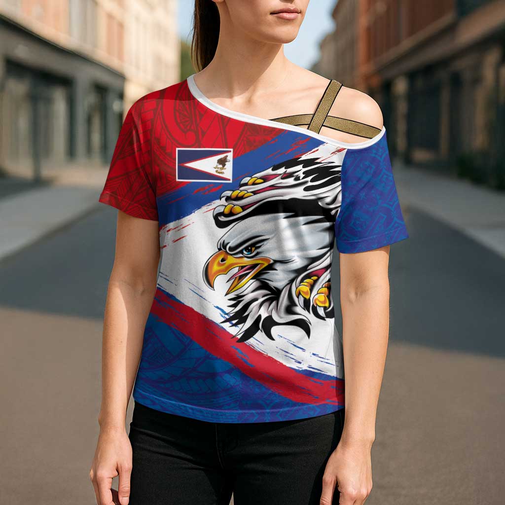 American Samoa Flag Day Cross Shoulder Shirt Polynesian Art Geometric with Flag Brush Style