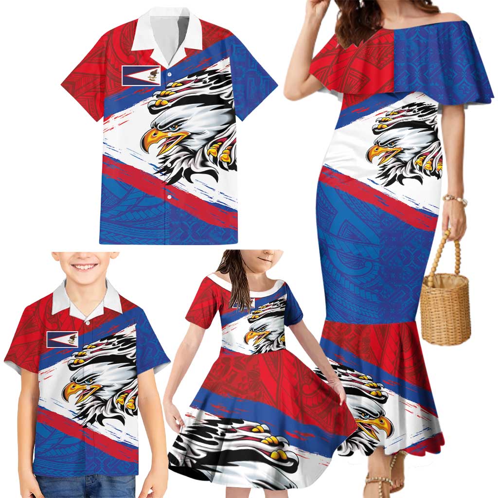 American Samoa Flag Day Family Matching Mermaid Dress and Hawaiian Shirt Polynesian Art Geometric with Flag Brush Style LT03 - Polynesian Pride