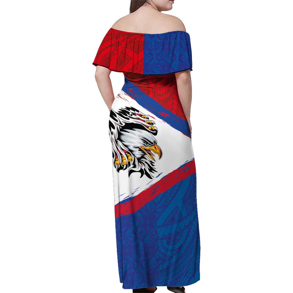 American Samoa Flag Day Family Matching Off Shoulder Maxi Dress and Hawaiian Shirt Polynesian Art Geometric with Flag Brush Style LT03 - Polynesian Pride