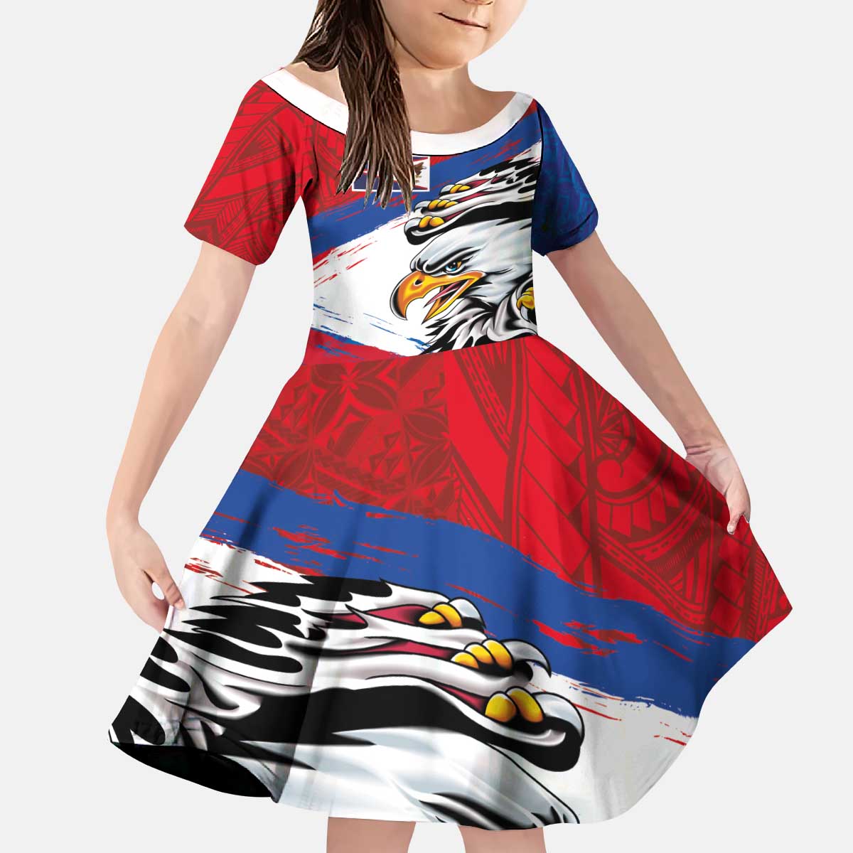 American Samoa Flag Day Kid Short Sleeve Dress Polynesian Art Geometric with Flag Brush Style