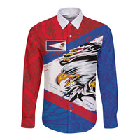 American Samoa Flag Day Long Sleeve Button Shirt Polynesian Art Geometric with Flag Brush Style