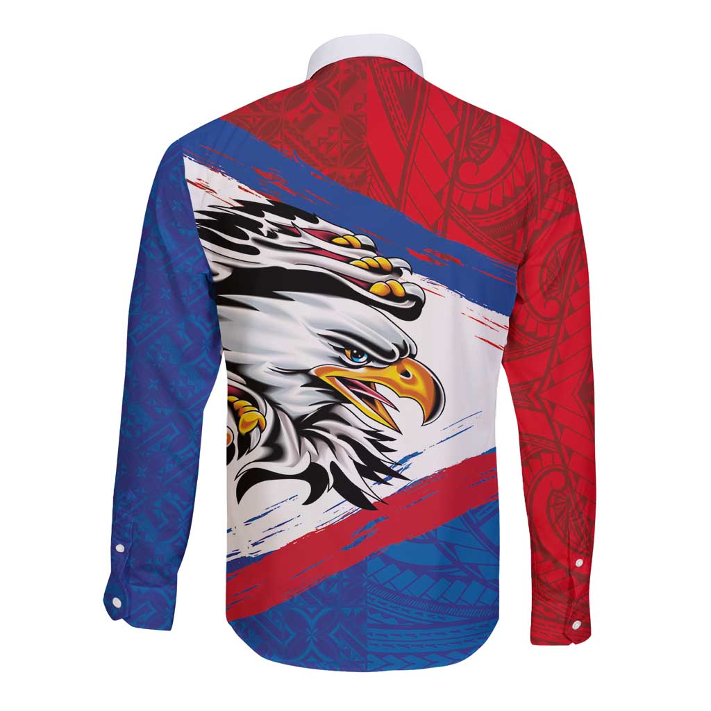 American Samoa Flag Day Long Sleeve Button Shirt Polynesian Art Geometric with Flag Brush Style
