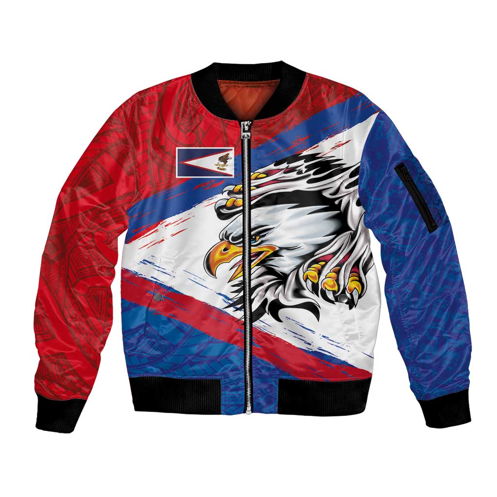 American Samoa Flag Day Sleeve Zip Bomber Jacket Polynesian Art Geometric with Flag Brush Style