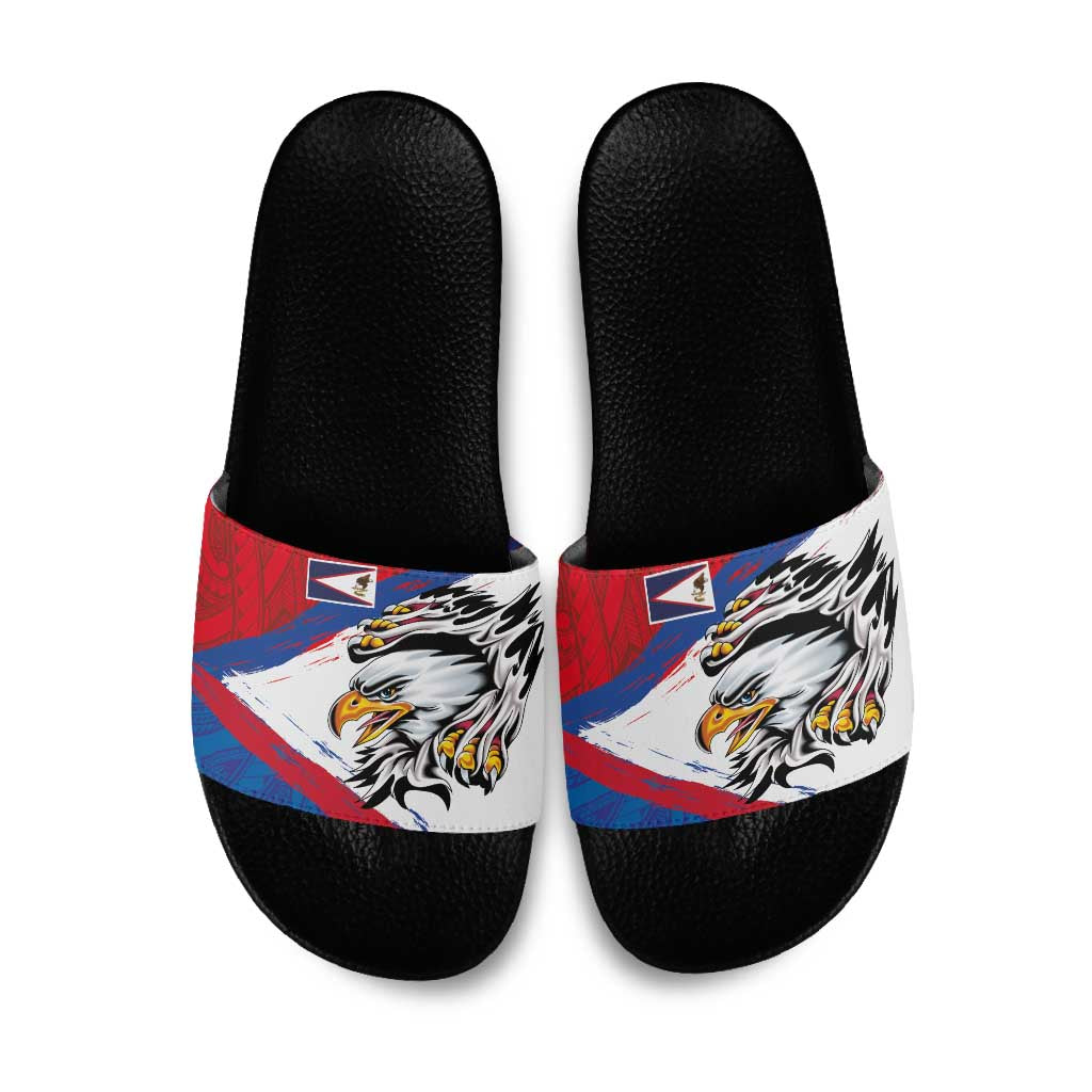 American Samoa Flag Day Slide Sandals Polynesian Art Geometric with Flag Brush Style