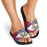 American Samoa Flag Day Slide Sandals Polynesian Art Geometric with Flag Brush Style