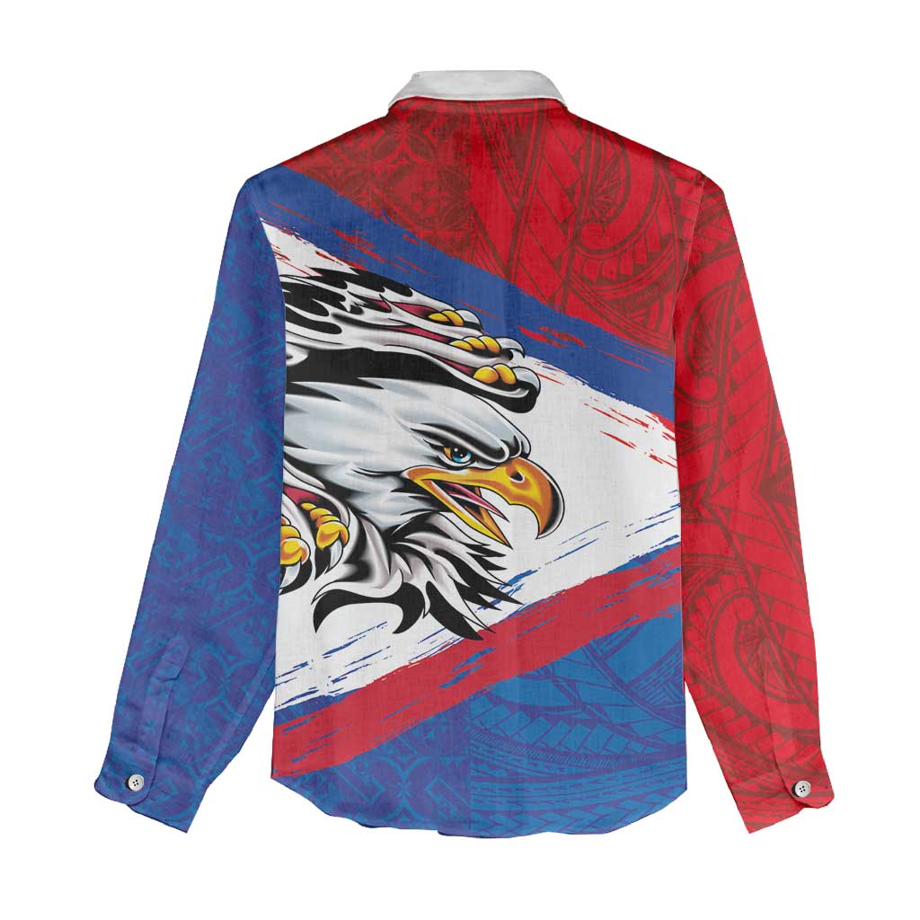 American Samoa Flag Day Women Casual Shirt Polynesian Art Geometric with Flag Brush Style