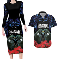 New Zealand Maori Matariki Couples Matching Long Sleeve Bodycon Dress and Hawaiian Shirt Hongi Tui Bird Pohutukawa and Polynesia Tribal LT03 Black - Polynesian Pride