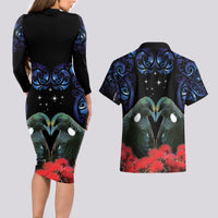 New Zealand Maori Matariki Couples Matching Long Sleeve Bodycon Dress and Hawaiian Shirt Hongi Tui Bird Pohutukawa and Polynesia Tribal LT03 - Polynesian Pride