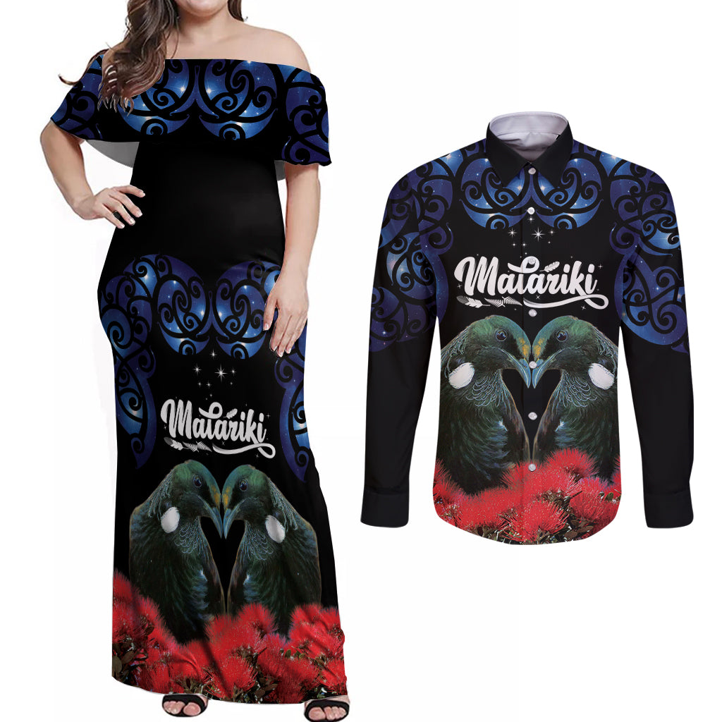 New Zealand Maori Matariki Couples Matching Off Shoulder Maxi Dress and Long Sleeve Button Shirt Hongi Tui Bird Pohutukawa and Polynesia Tribal LT03 Black - Polynesian Pride