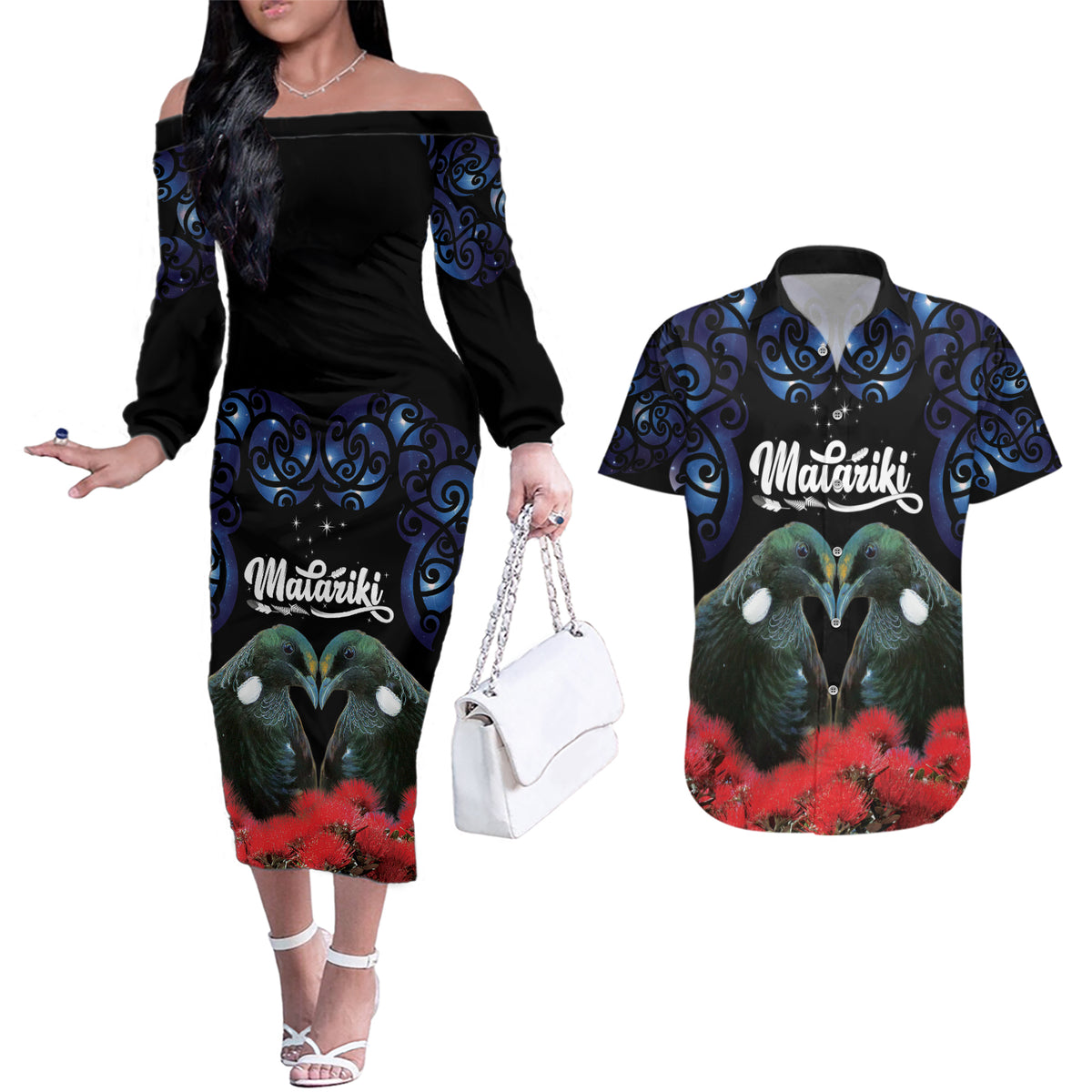 New Zealand Maori Matariki Couples Matching Off The Shoulder Long Sleeve Dress and Hawaiian Shirt Hongi Tui Bird Pohutukawa and Polynesia Tribal LT03 Black - Polynesian Pride
