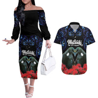 New Zealand Maori Matariki Couples Matching Off The Shoulder Long Sleeve Dress and Hawaiian Shirt Hongi Tui Bird Pohutukawa and Polynesia Tribal LT03 Black - Polynesian Pride