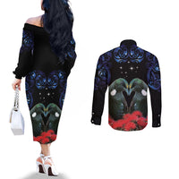 New Zealand Maori Matariki Couples Matching Off The Shoulder Long Sleeve Dress and Long Sleeve Button Shirt Hongi Tui Bird Pohutukawa and Polynesia Tribal LT03 - Polynesian Pride