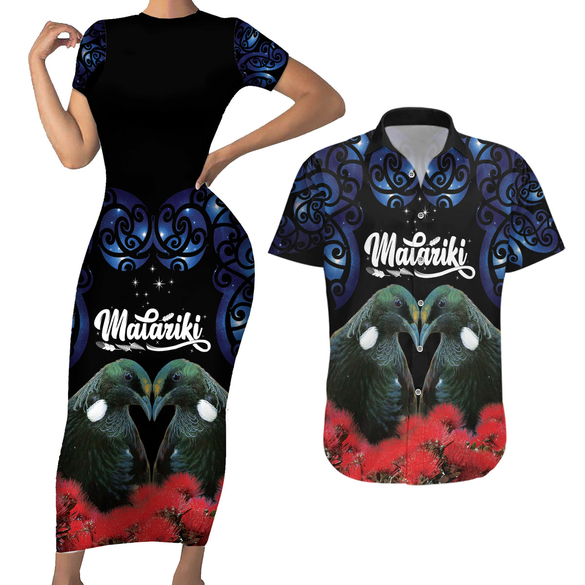 New Zealand Maori Matariki Couples Matching Short Sleeve Bodycon Dress and Hawaiian Shirt Hongi Tui Bird Pohutukawa and Polynesia Tribal LT03 Black - Polynesian Pride