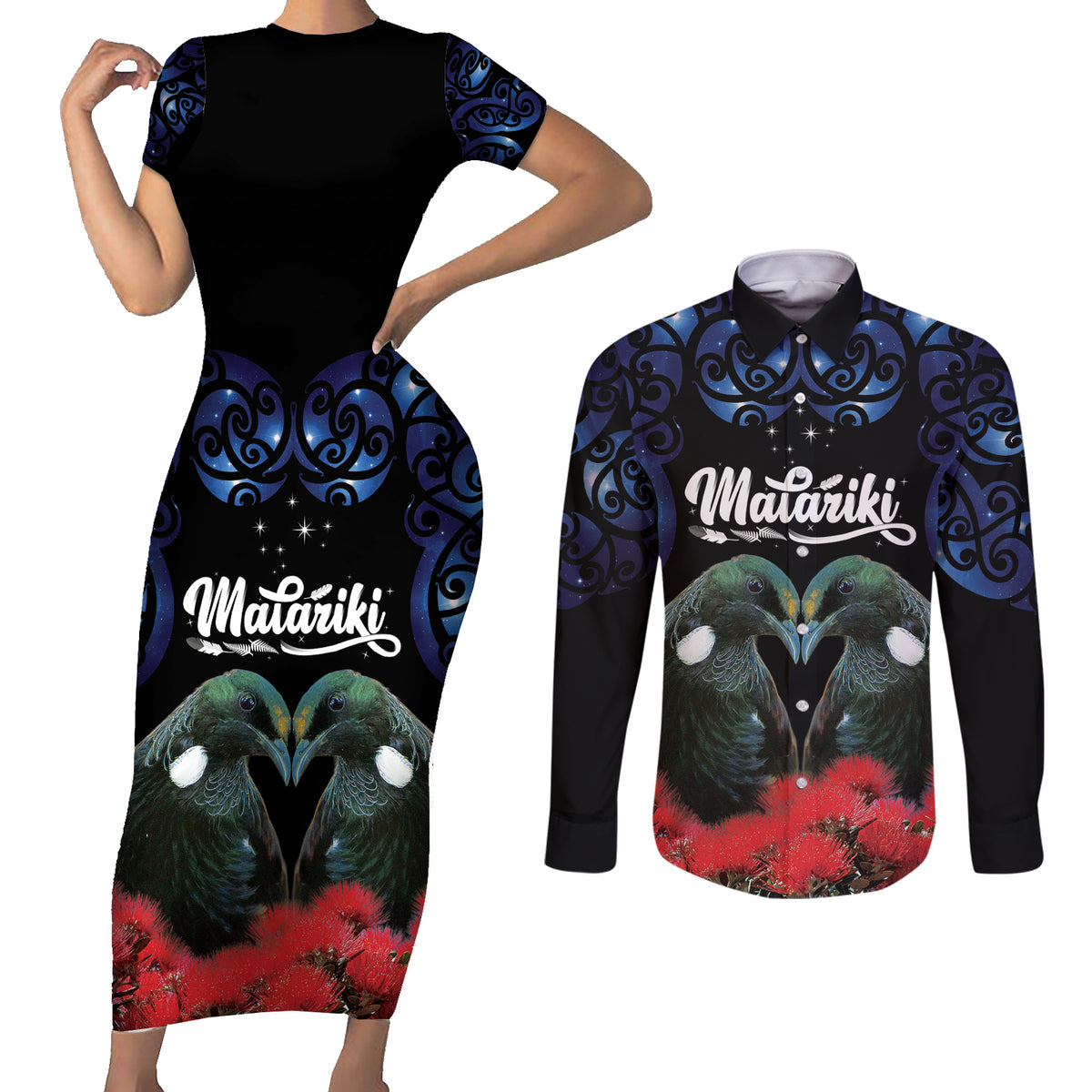 New Zealand Maori Matariki Couples Matching Short Sleeve Bodycon Dress and Long Sleeve Button Shirt Hongi Tui Bird Pohutukawa and Polynesia Tribal LT03 Black - Polynesian Pride