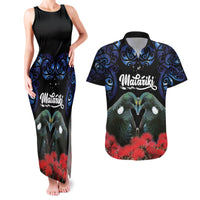 New Zealand Maori Matariki Couples Matching Tank Maxi Dress and Hawaiian Shirt Hongi Tui Bird Pohutukawa and Polynesia Tribal LT03 Black - Polynesian Pride