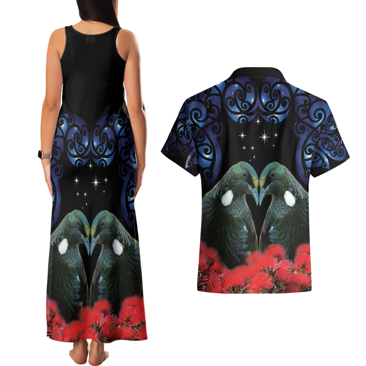 New Zealand Maori Matariki Couples Matching Tank Maxi Dress and Hawaiian Shirt Hongi Tui Bird Pohutukawa and Polynesia Tribal LT03 - Polynesian Pride
