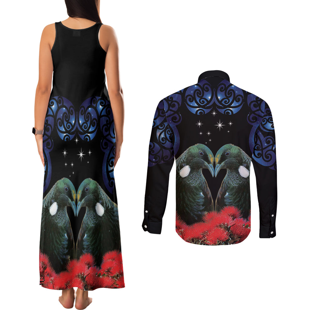 New Zealand Maori Matariki Couples Matching Tank Maxi Dress and Long Sleeve Button Shirt Hongi Tui Bird Pohutukawa and Polynesia Tribal LT03 - Polynesian Pride