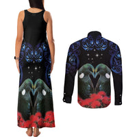 New Zealand Maori Matariki Couples Matching Tank Maxi Dress and Long Sleeve Button Shirt Hongi Tui Bird Pohutukawa and Polynesia Tribal LT03 - Polynesian Pride