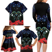 New Zealand Maori Matariki Family Matching Long Sleeve Bodycon Dress and Hawaiian Shirt Hongi Tui Bird Pohutukawa and Polynesia Tribal LT03 - Polynesian Pride