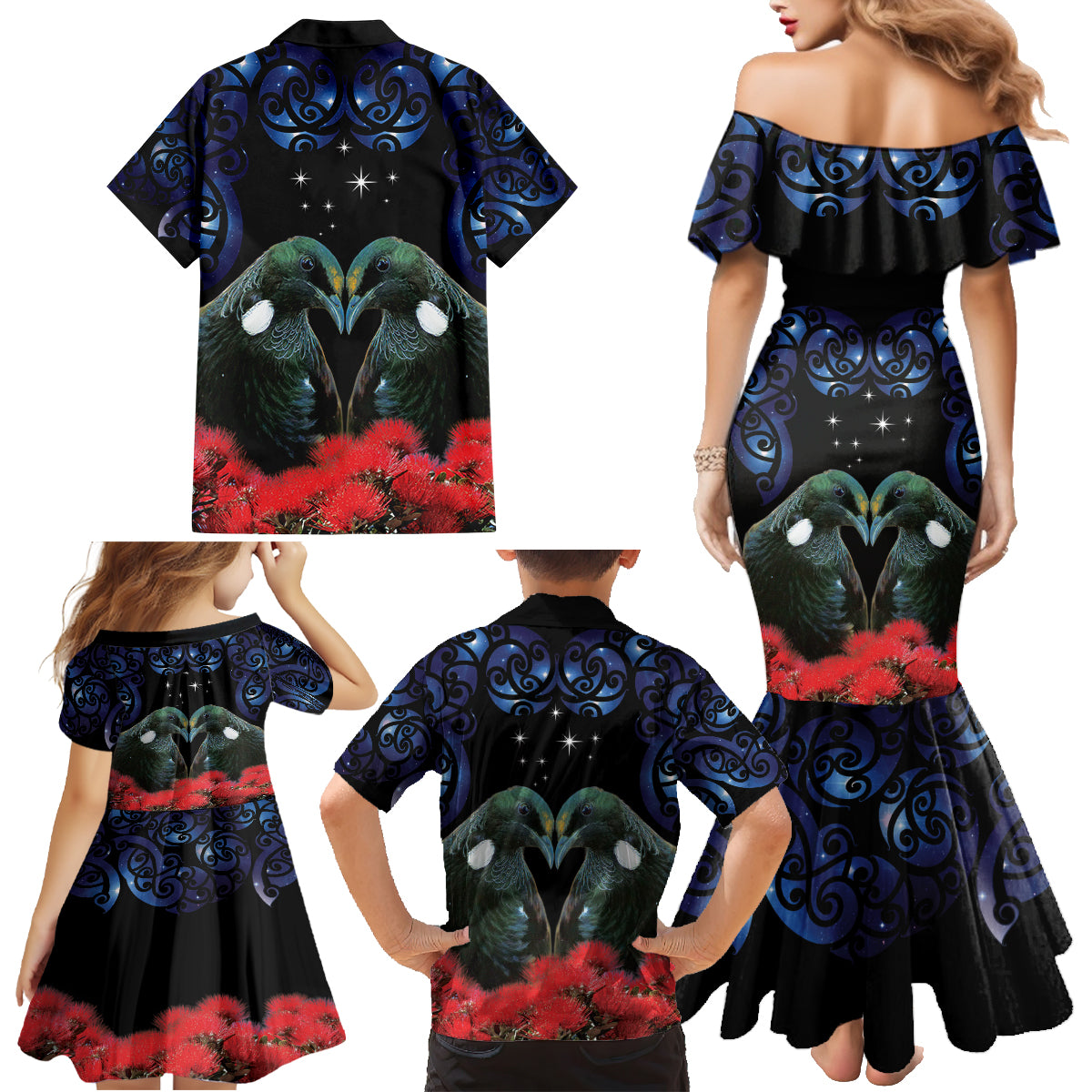 New Zealand Maori Matariki Family Matching Mermaid Dress and Hawaiian Shirt Hongi Tui Bird Pohutukawa and Polynesia Tribal LT03 - Polynesian Pride
