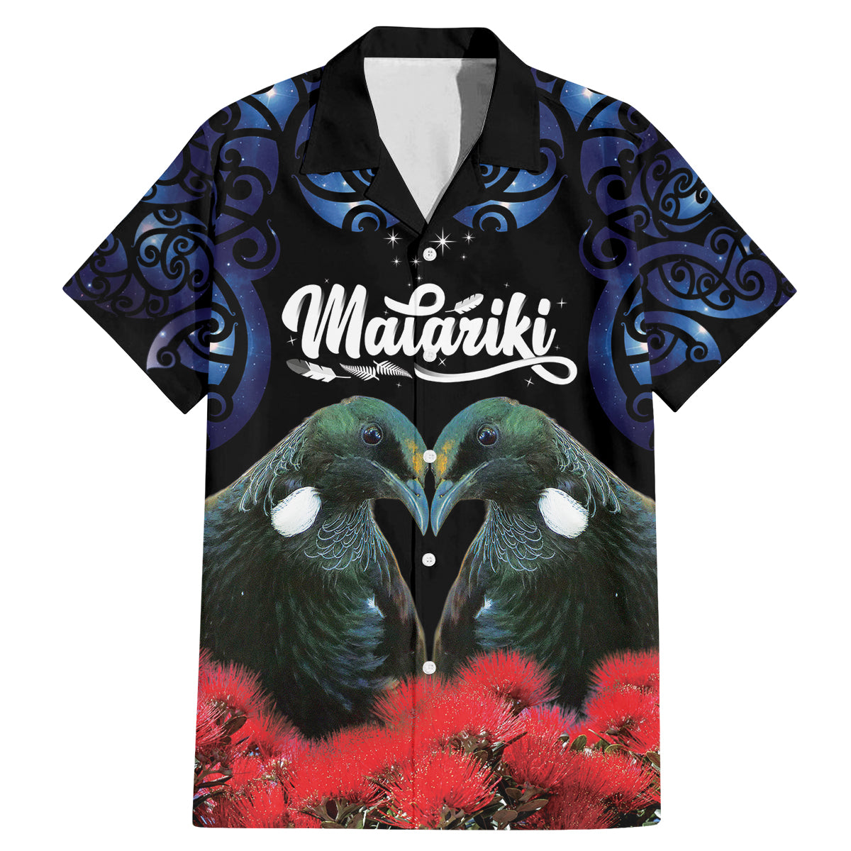 New Zealand Maori Matariki Family Matching Mermaid Dress and Hawaiian Shirt Hongi Tui Bird Pohutukawa and Polynesia Tribal LT03 Dad's Shirt - Short Sleeve Black - Polynesian Pride