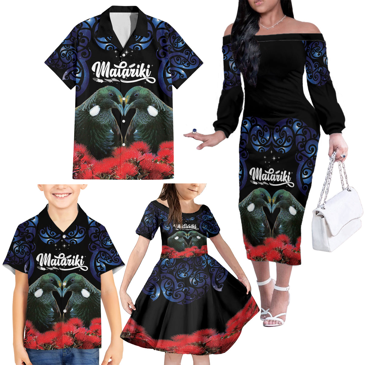 New Zealand Maori Matariki Family Matching Off The Shoulder Long Sleeve Dress and Hawaiian Shirt Hongi Tui Bird Pohutukawa and Polynesia Tribal LT03 - Polynesian Pride